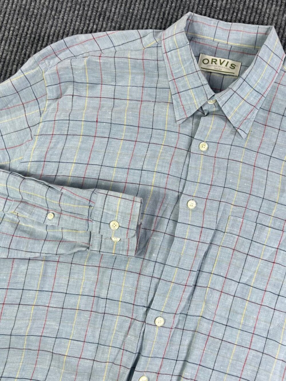 Orvis Linen Button Up Long Sleeve Shirt Mens XL Blue Plaid Regular Fit